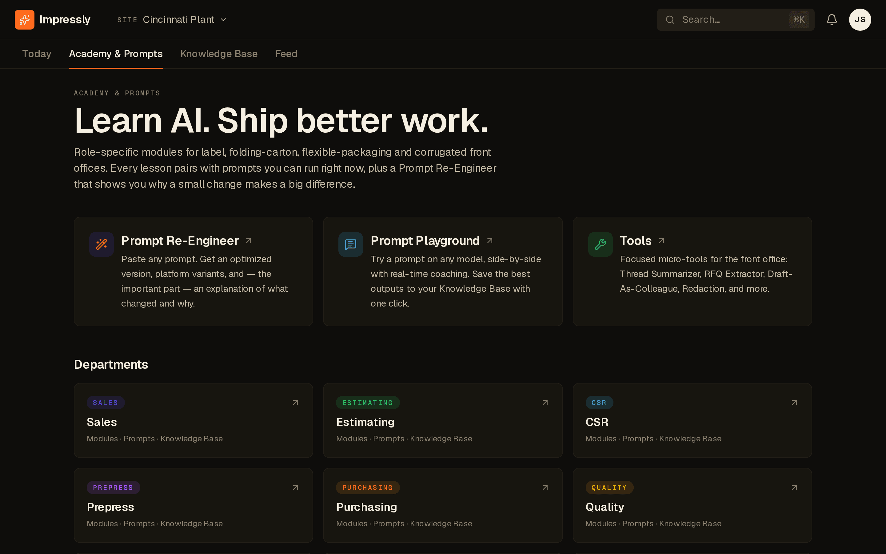 Impressly Academy — 60 role-specific AI training modules across 10 departments in a label and packaging print shop