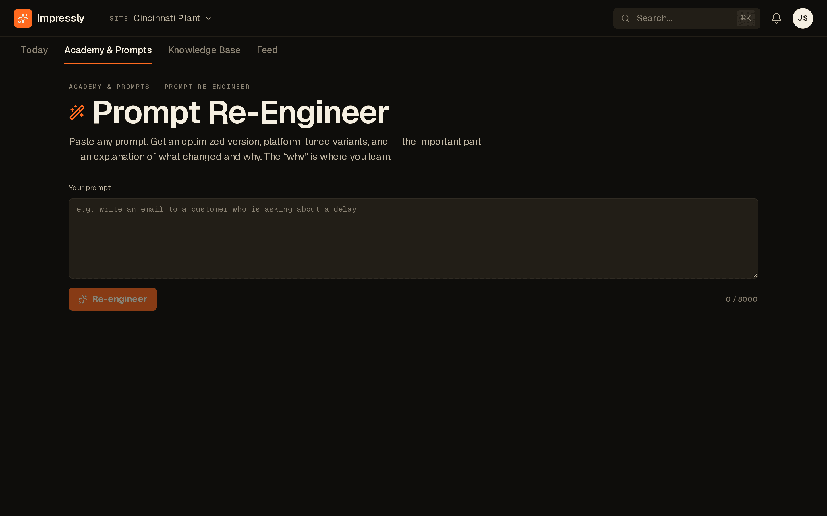 Impressly Prompt Re-Engineer — optimized prompt output with a Why breakdown showing what changed and why